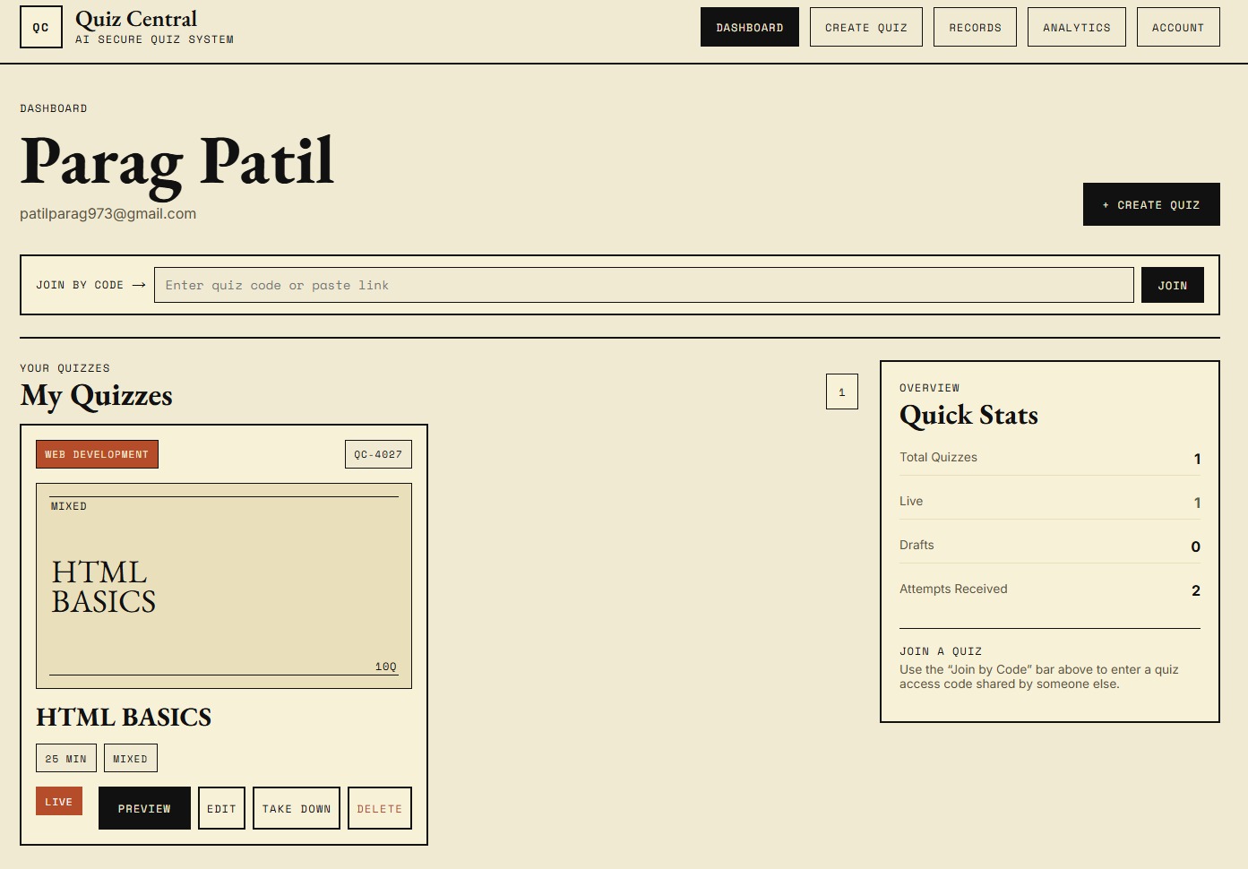 Quiz Central dashboard interface supplied by Parag Patil